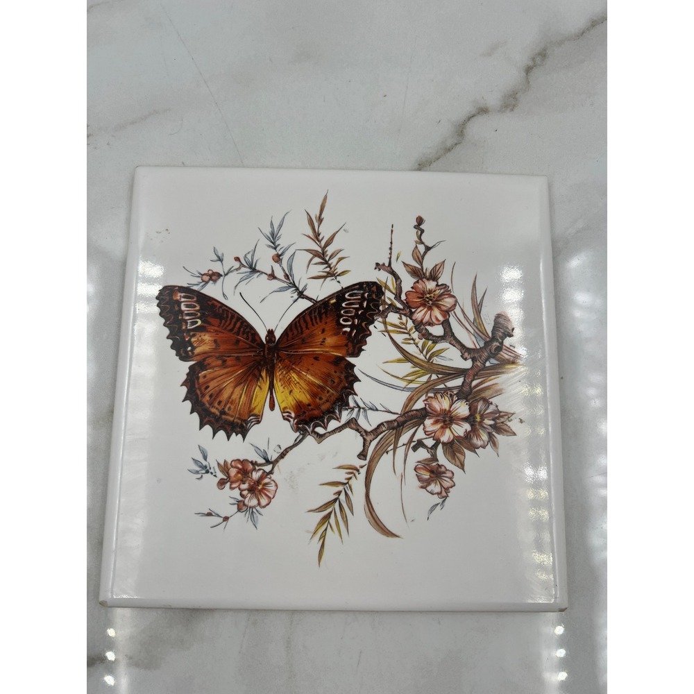 Vintage Hyalyn USA Butterfly Floral Ceramic Art Tile 6x6 Cork Back Hanger 505